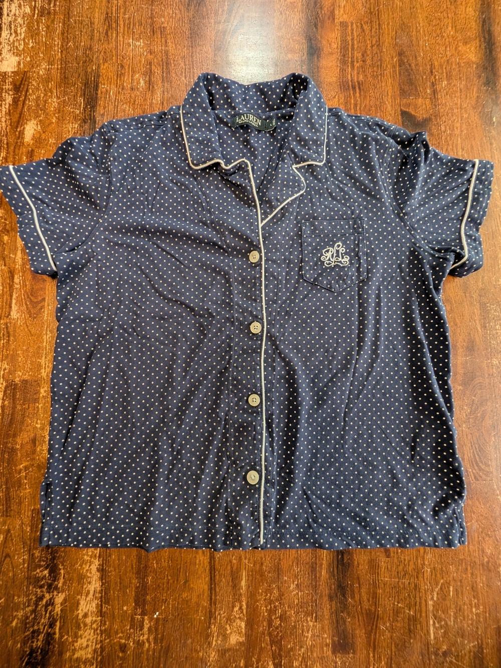 Lauren Ralph Lauren Pajama Top Womens Large Blue Polka Dot Button Up Sleep Shirt